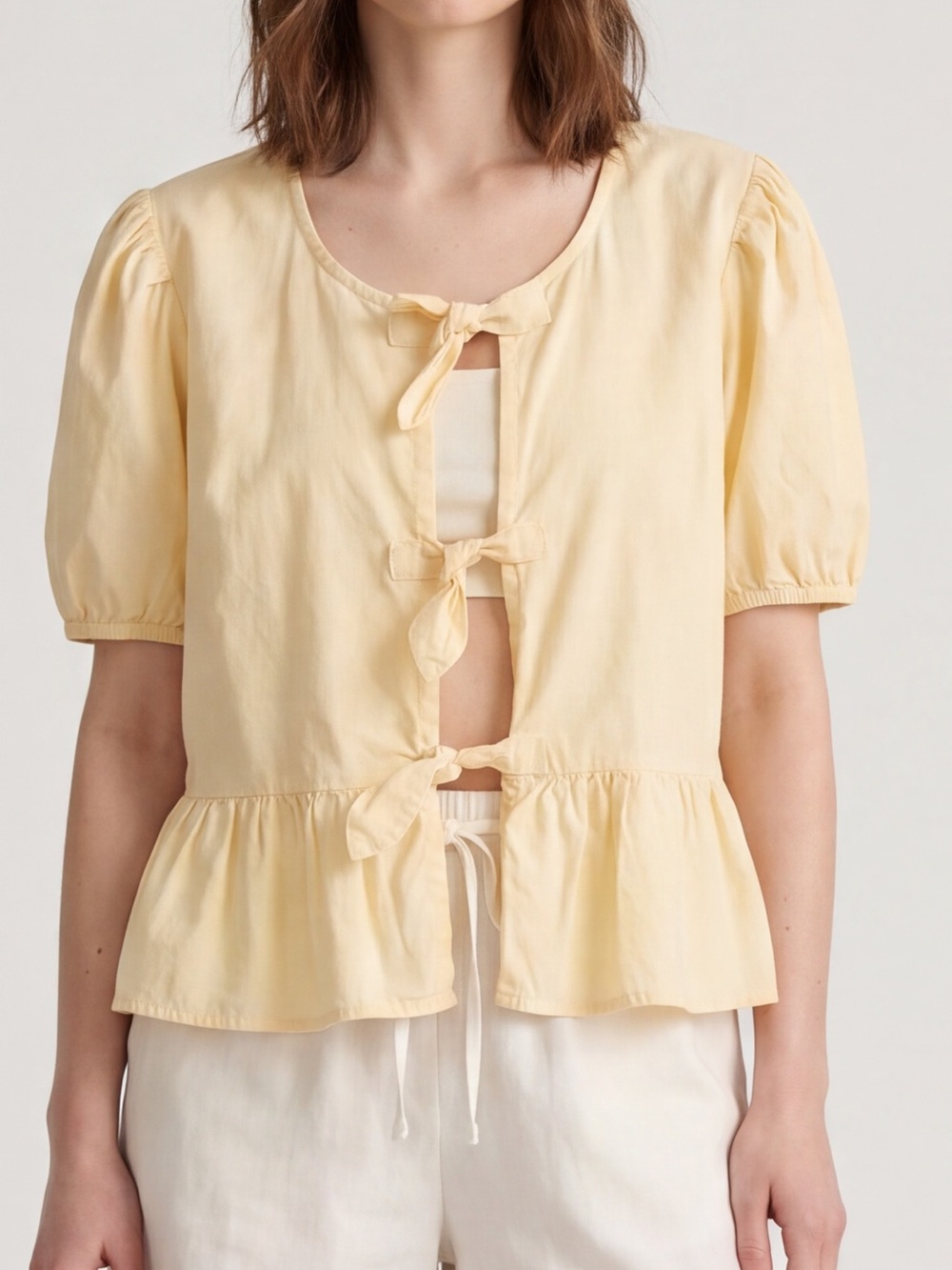 Sim & Sam puff-sleeve cotton blouse a ruffle peplum tie front top Butter yellow